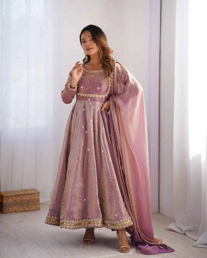 Shiny Rosy Pink Cording Sequins Embroidery Work Designer Gown With Dupatta
