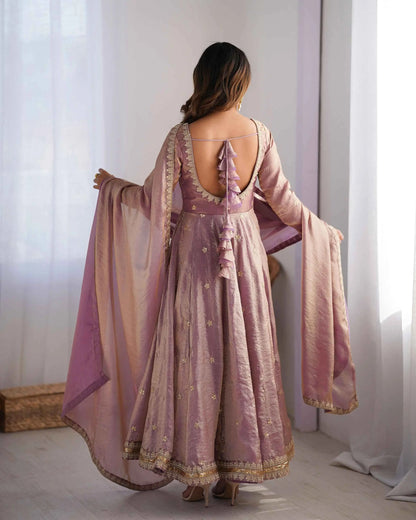 Shiny Rosy Pink Cording Sequins Embroidery Work Designer Gown With Dupatta