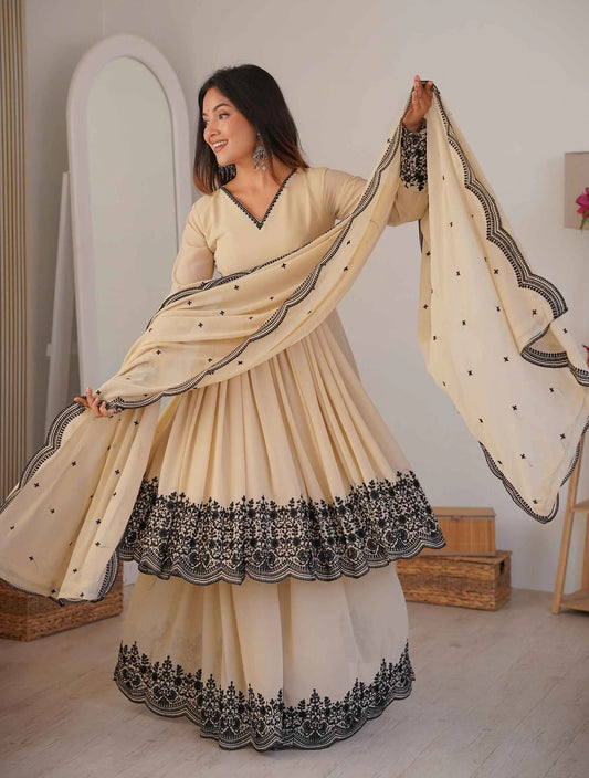 Beige Embroidery Work Sharara Set