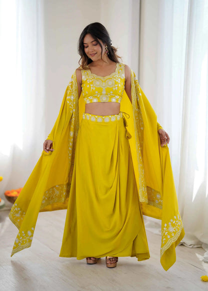 Yellow Designer Embroidered Indo Western