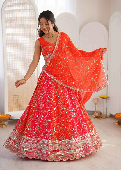 Orangey Red Sequins Embroidery Lehenga Choli
