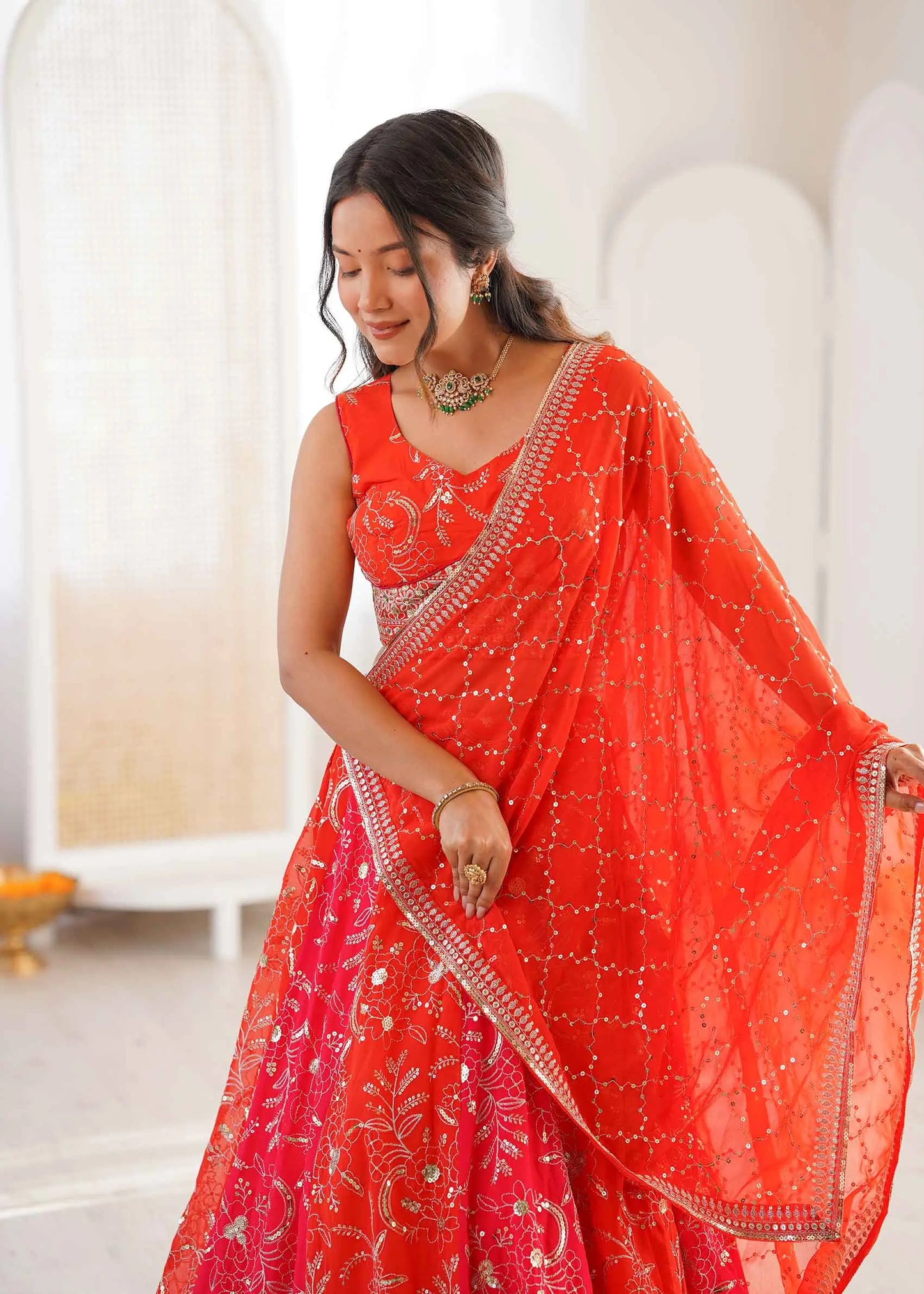 Orangey Red Sequins Embroidery Lehenga Choli