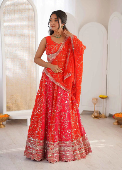 Orangey Red Sequins Embroidery Lehenga Choli