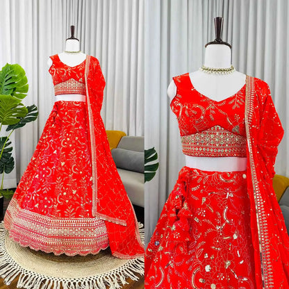 Orangey Red Sequins Embroidery Lehenga Choli
