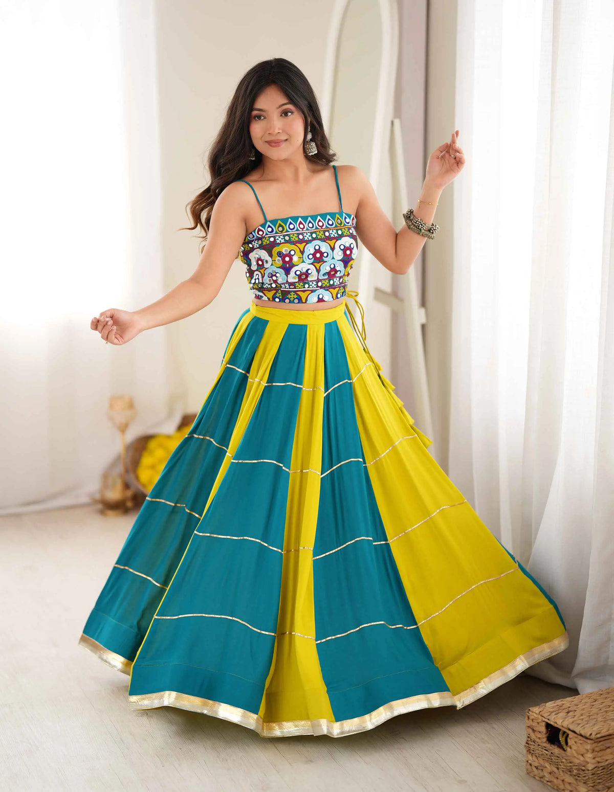 Teal Blue Embroidered Navratri Lehenga Choli