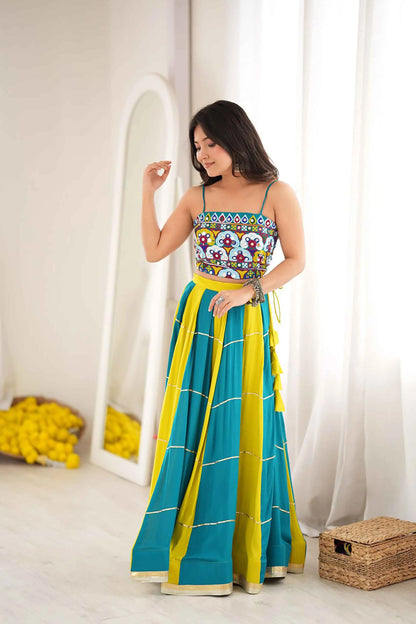 Teal Blue Embroidered Navratri Lehenga Choli