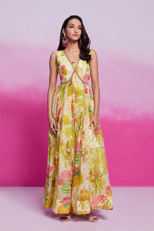 Lime Yellow Printed Organza Gown With Handwork