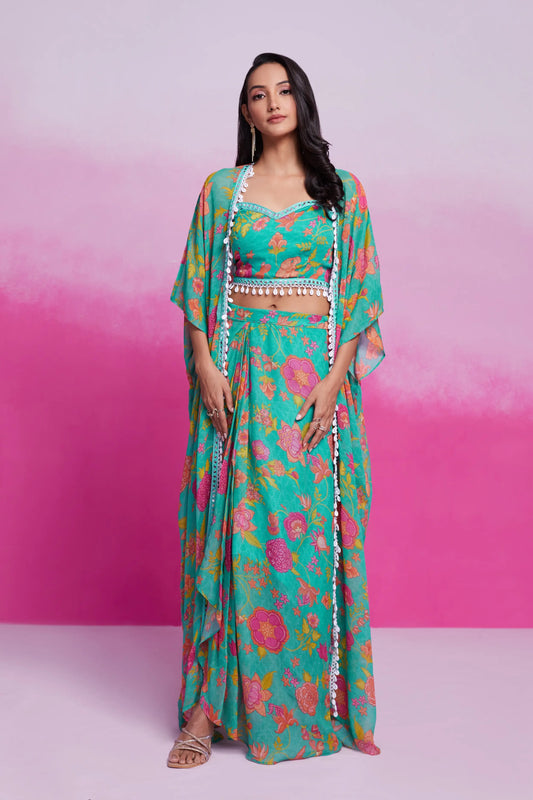 Turquoise Printed Georgette Co-ord Set