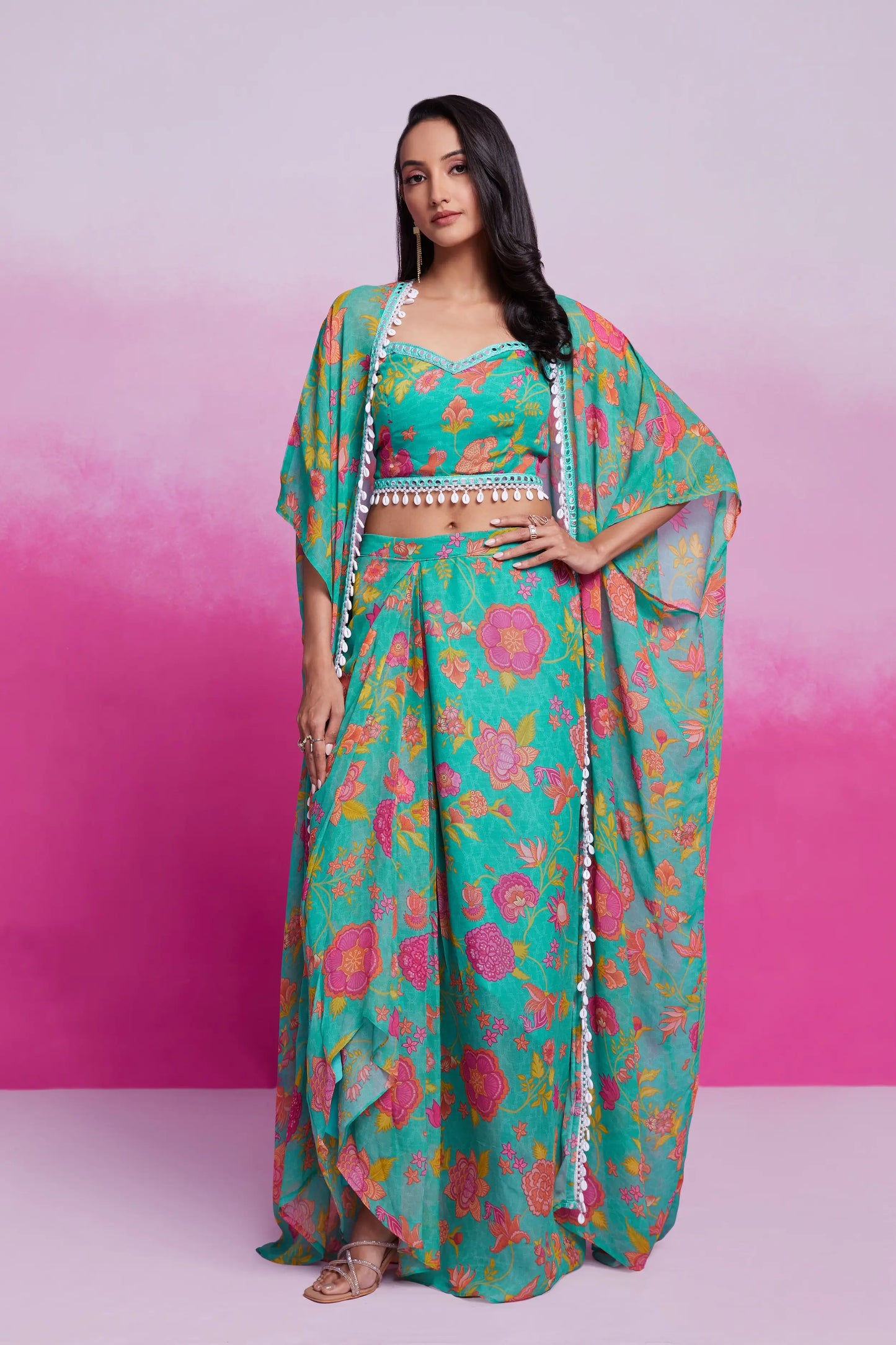 Turquoise Printed Georgette Co-ord Set