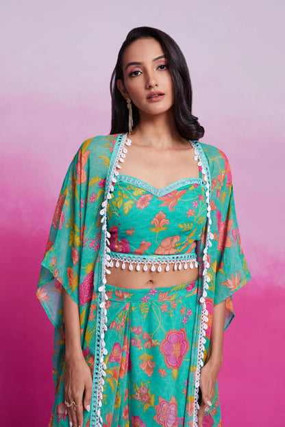 Turquoise Printed Georgette Co-ord Set