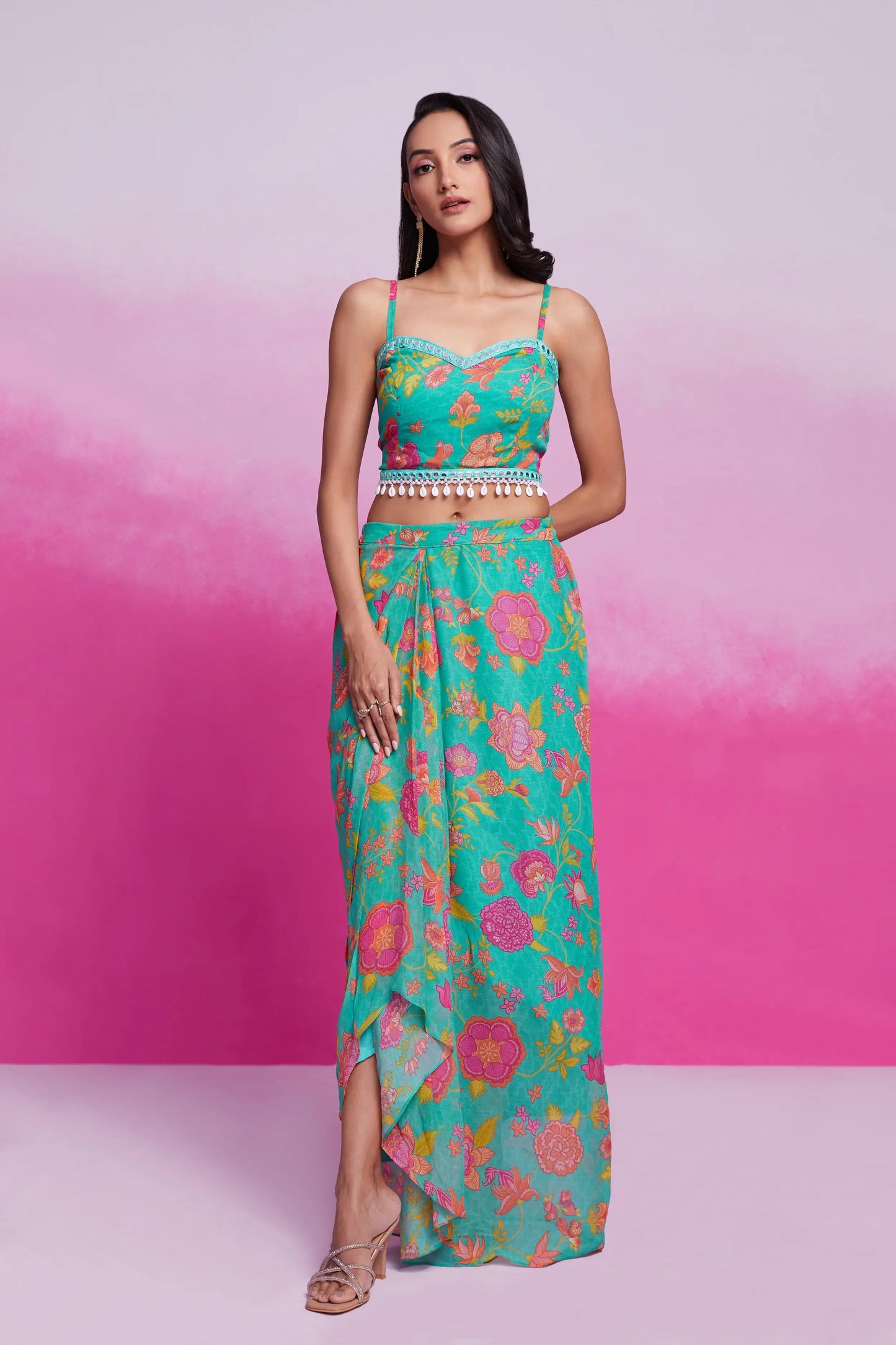 Turquoise Printed Georgette Co-ord Set