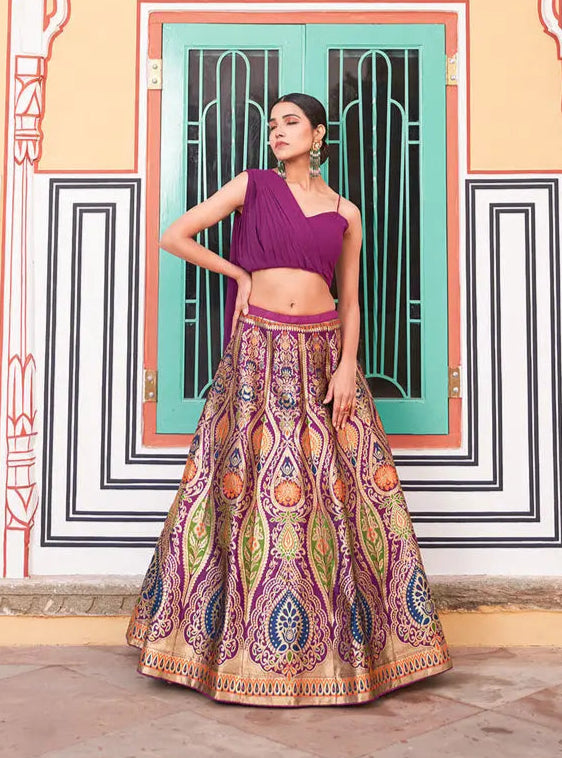 Wine Banarasi Silk Crop top Lehenga Choli