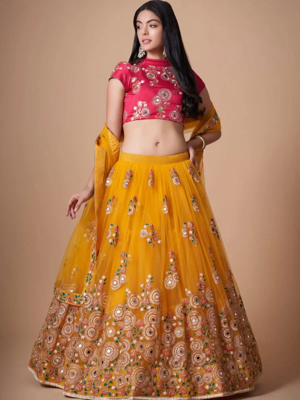 yellow embroidery lehenga choli