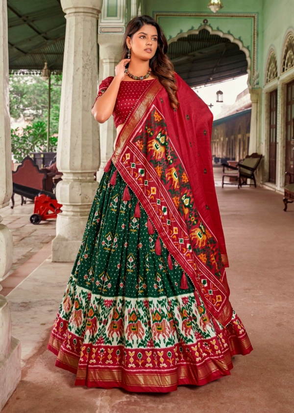 DELIVERY IN 30 DAYS) OLIVE GREEN COLOUR SILK LEHENGA WITH CONTRAST RE –  Kothari Sons
