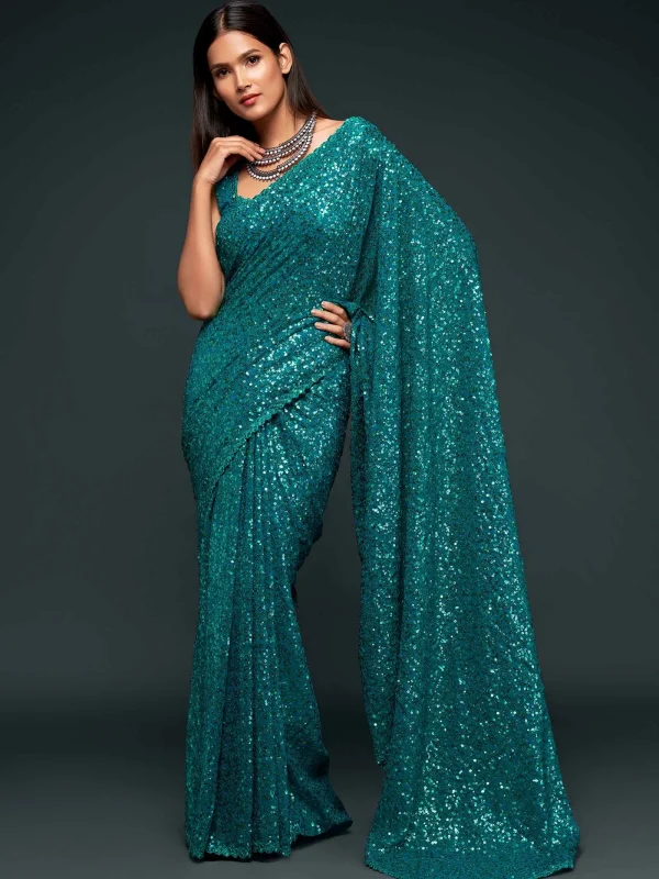 teal blue georgette sequins saree