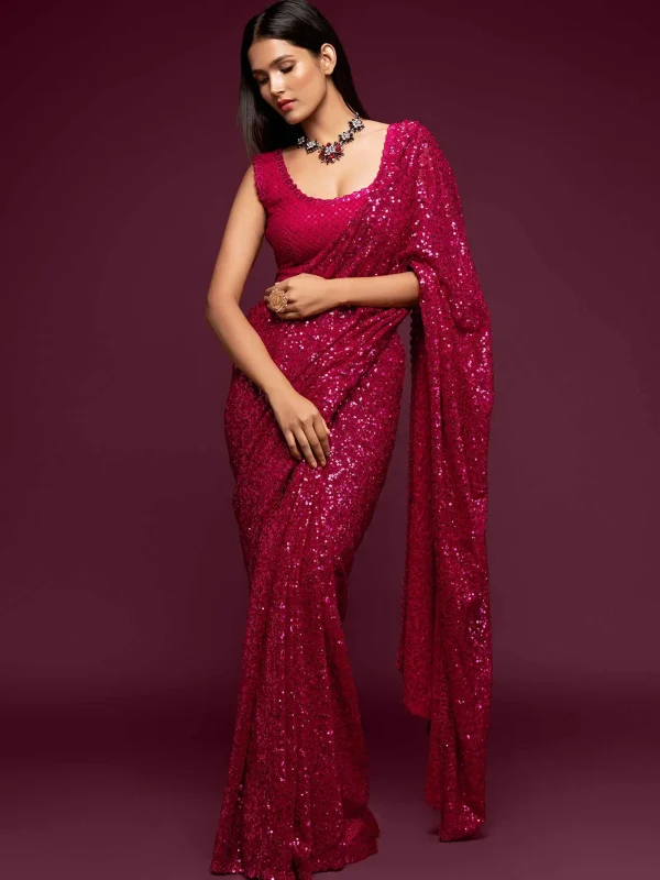 pink georgette sequins saree