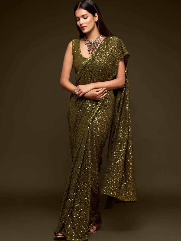 olive green georgette sequins saree