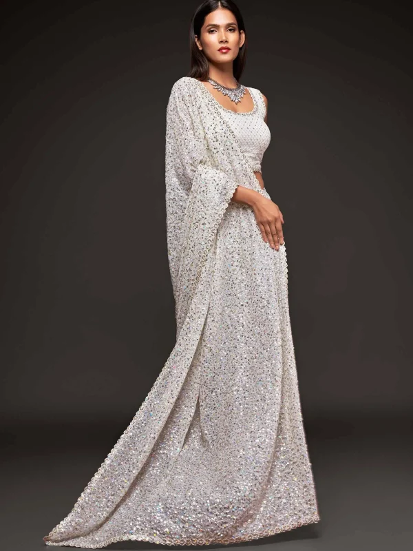 white georgette sequins saree