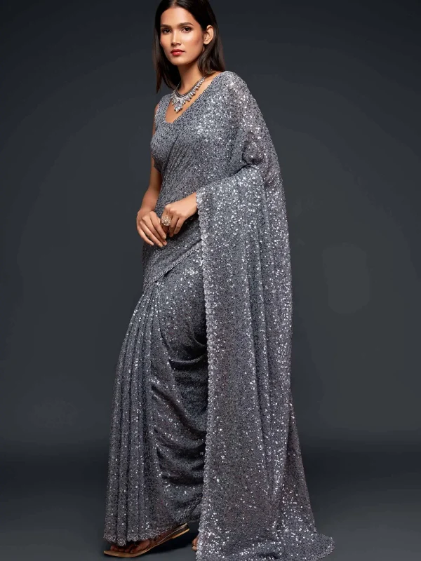 grey georgette sequins saree