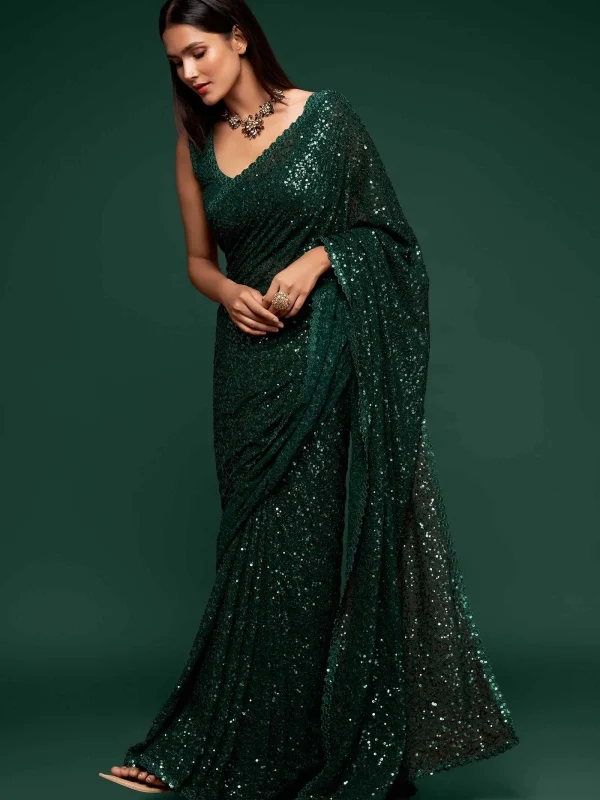 green georgette sequins saree