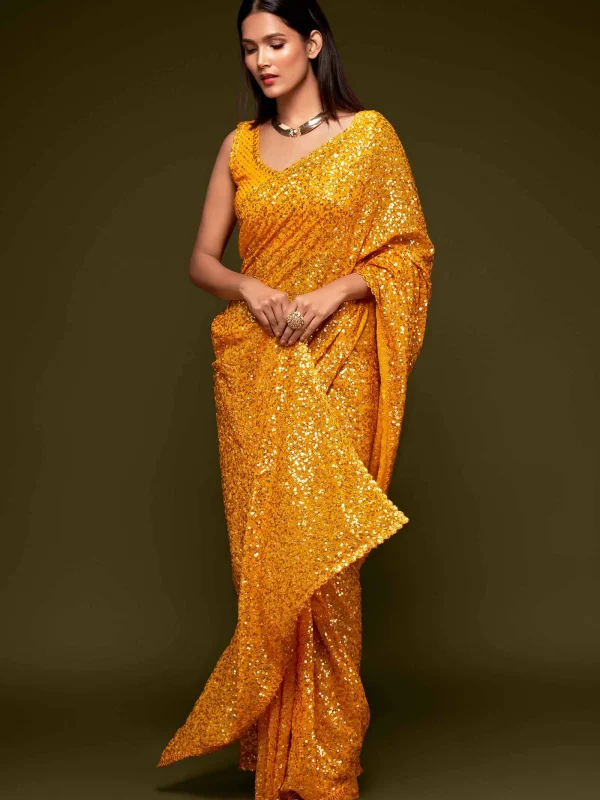 yellow georgette sequins saree