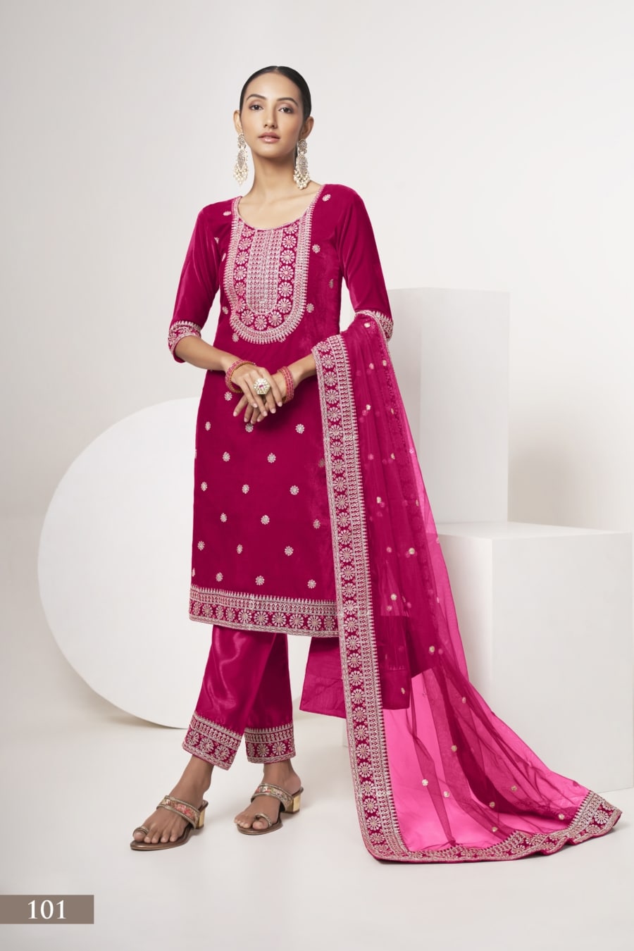 Indian Pink Color Salwar Suit Dress For Girl And Women with Velvet Fabric