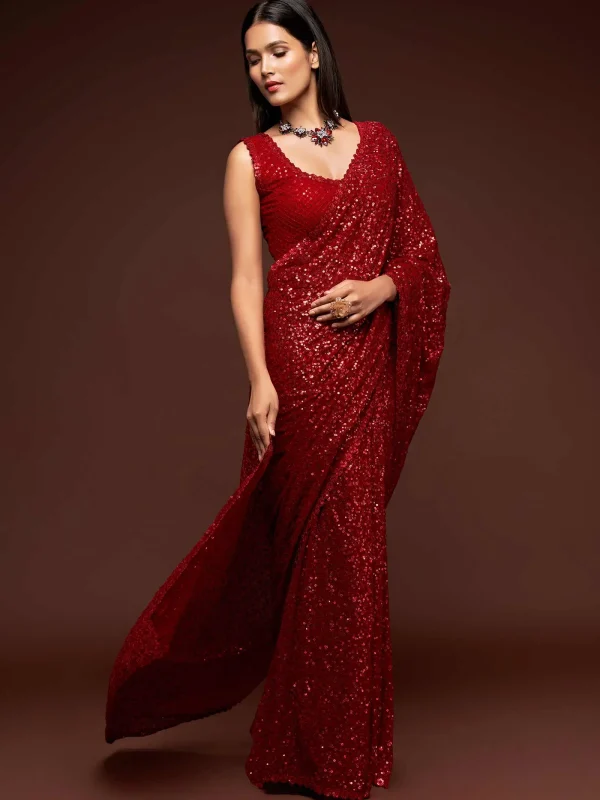 red georgette sequins saree