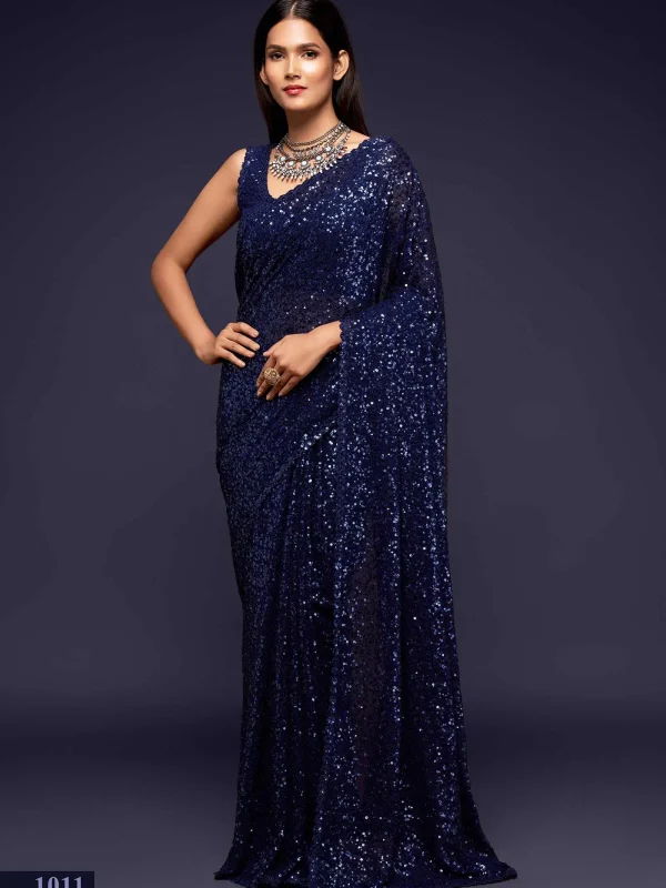 blue georgette sequins saree