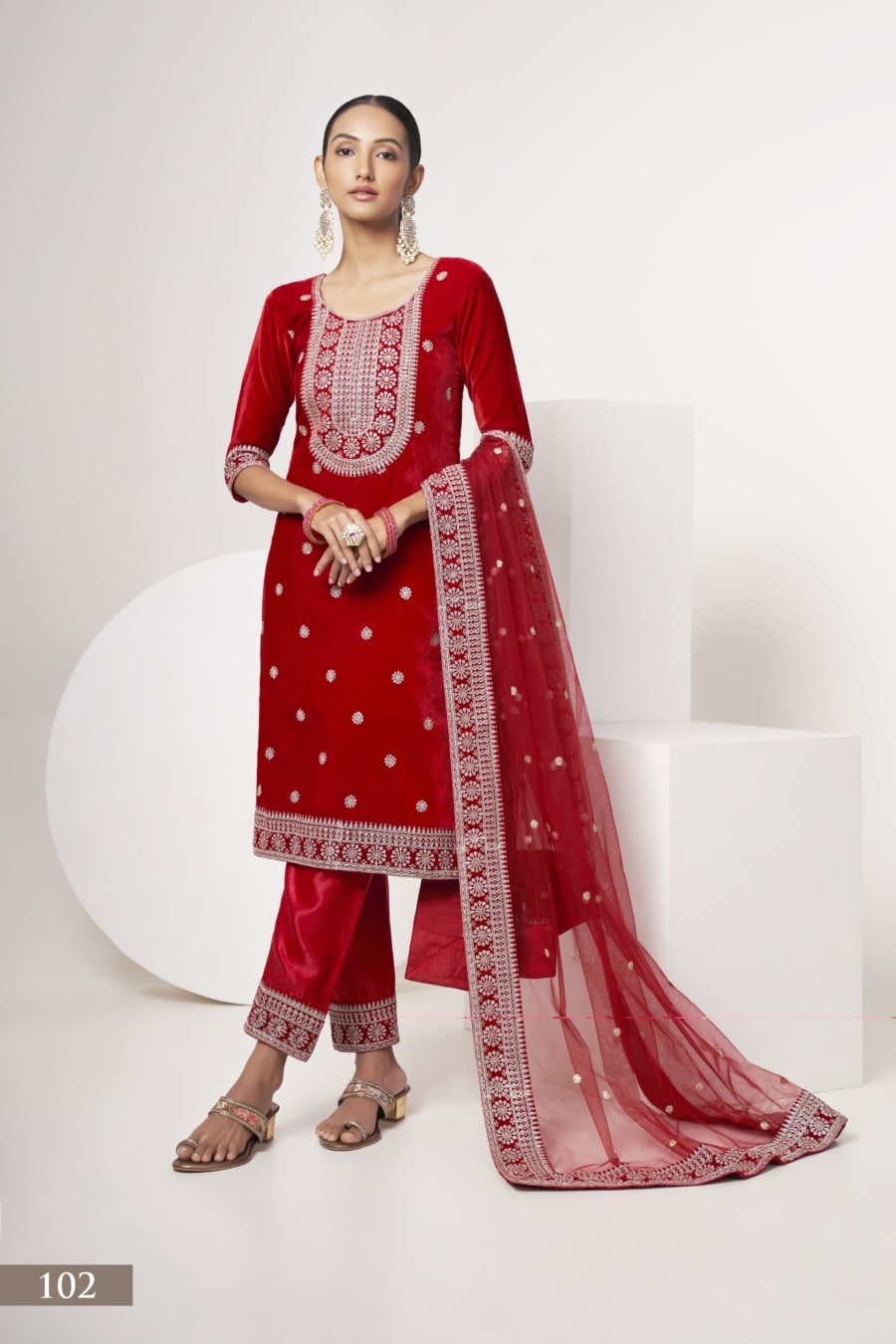 Indian Red Color Salwar Suit Dress For Girl And Women with Velvet Fabric