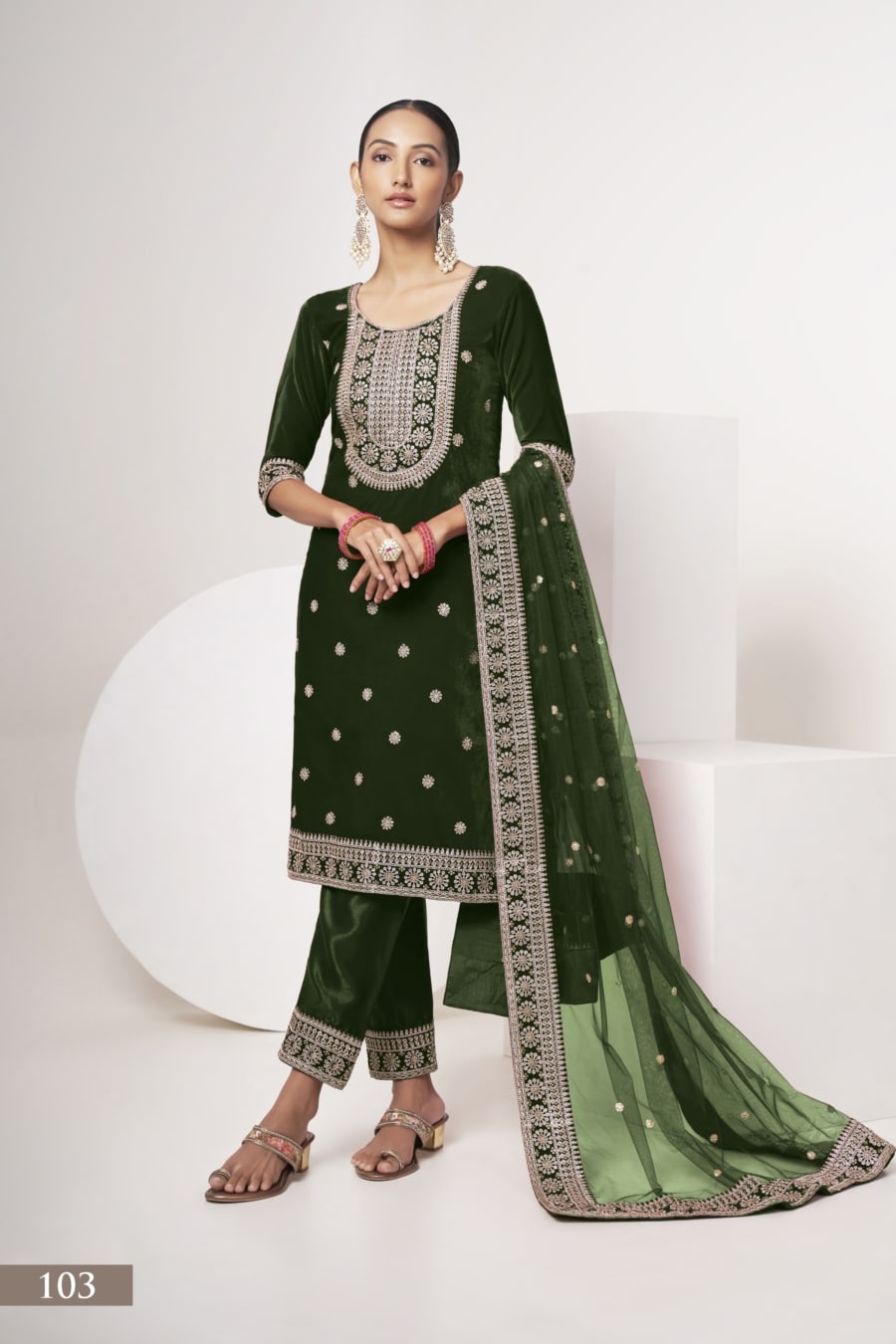 Indian Green Color Salwar Suit Dress For Girl And Women with Velvet Fabric