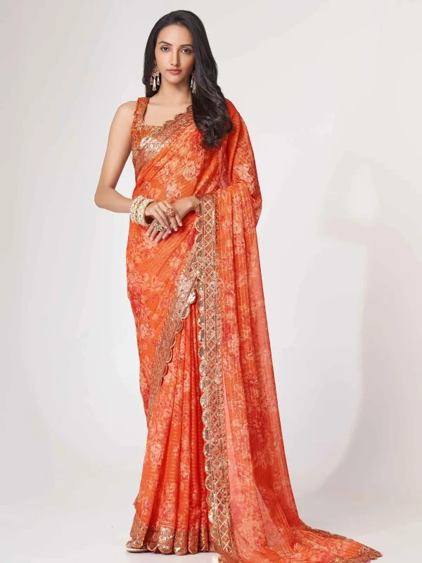 orange floral printed saree