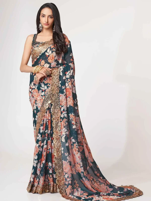 blue floral printed saree