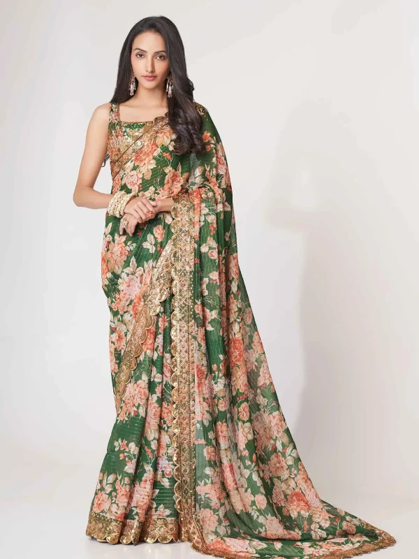 green floral printed saree