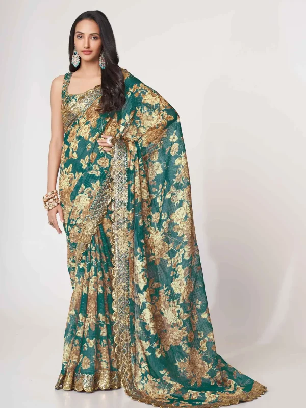 teal blue floral printed saree