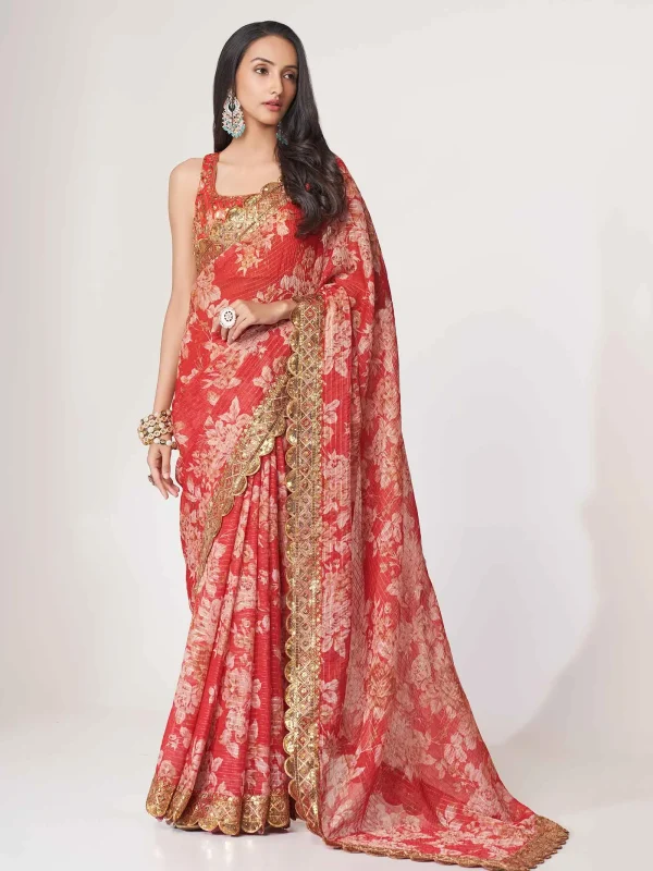 red floral printed saree