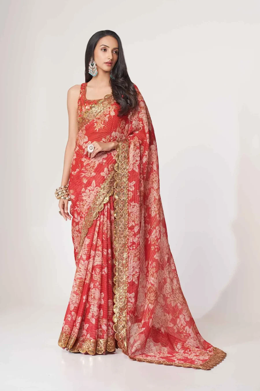 Floral Frenzy of Faded Red Flory Organza saree