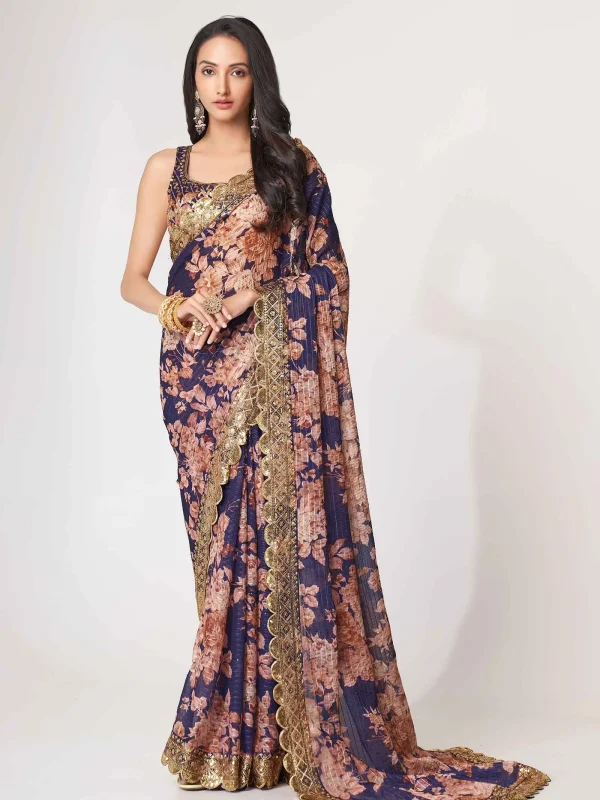 purple floral printed saree