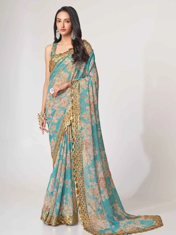 sky blue floral printed saree