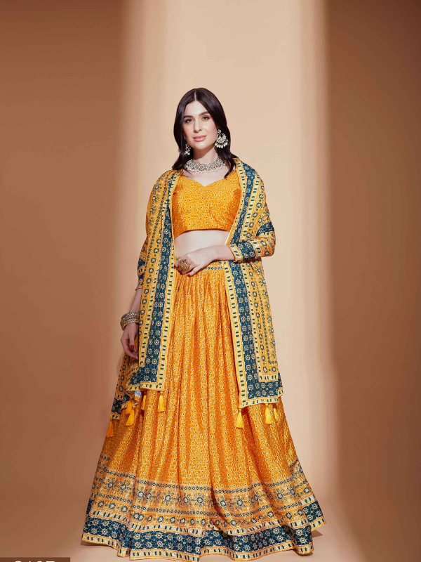 yellow printed lehenga choli