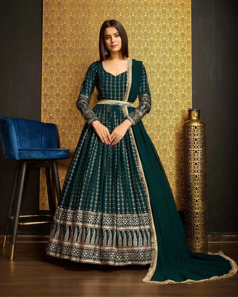 Emerald Elegance Of Timber Green Metallic Foil Work Gown