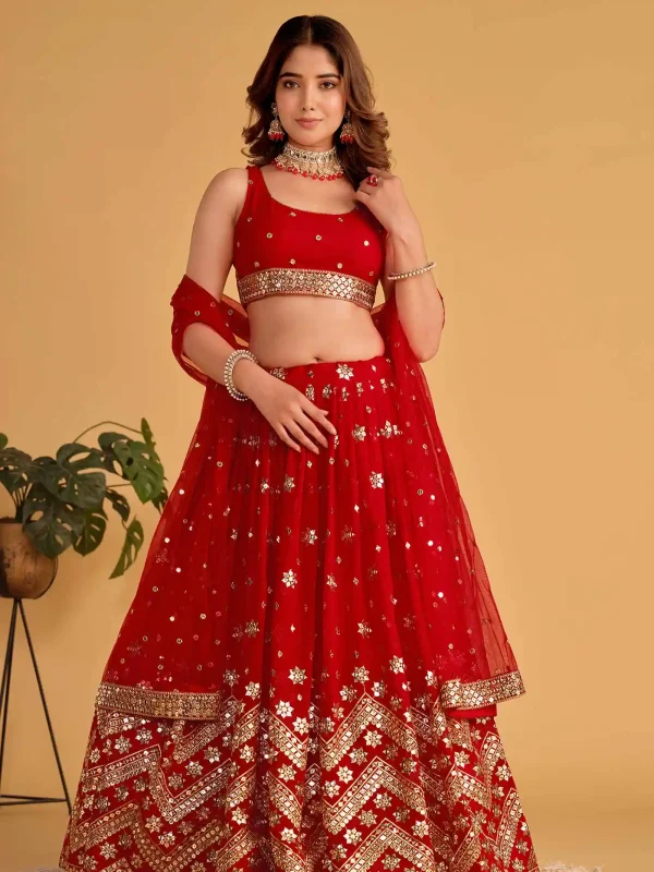 red embroidery lehenga choli