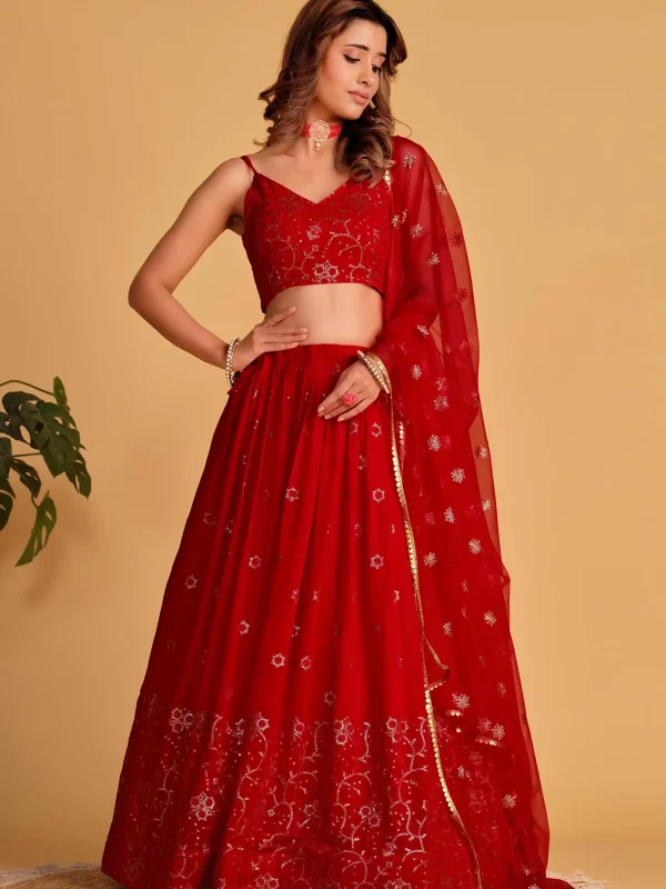 red embroidery lehenga choli