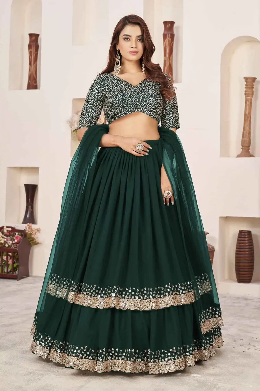 Emerald Elegance of Dark Pine Green Sequence Lehenga Choli