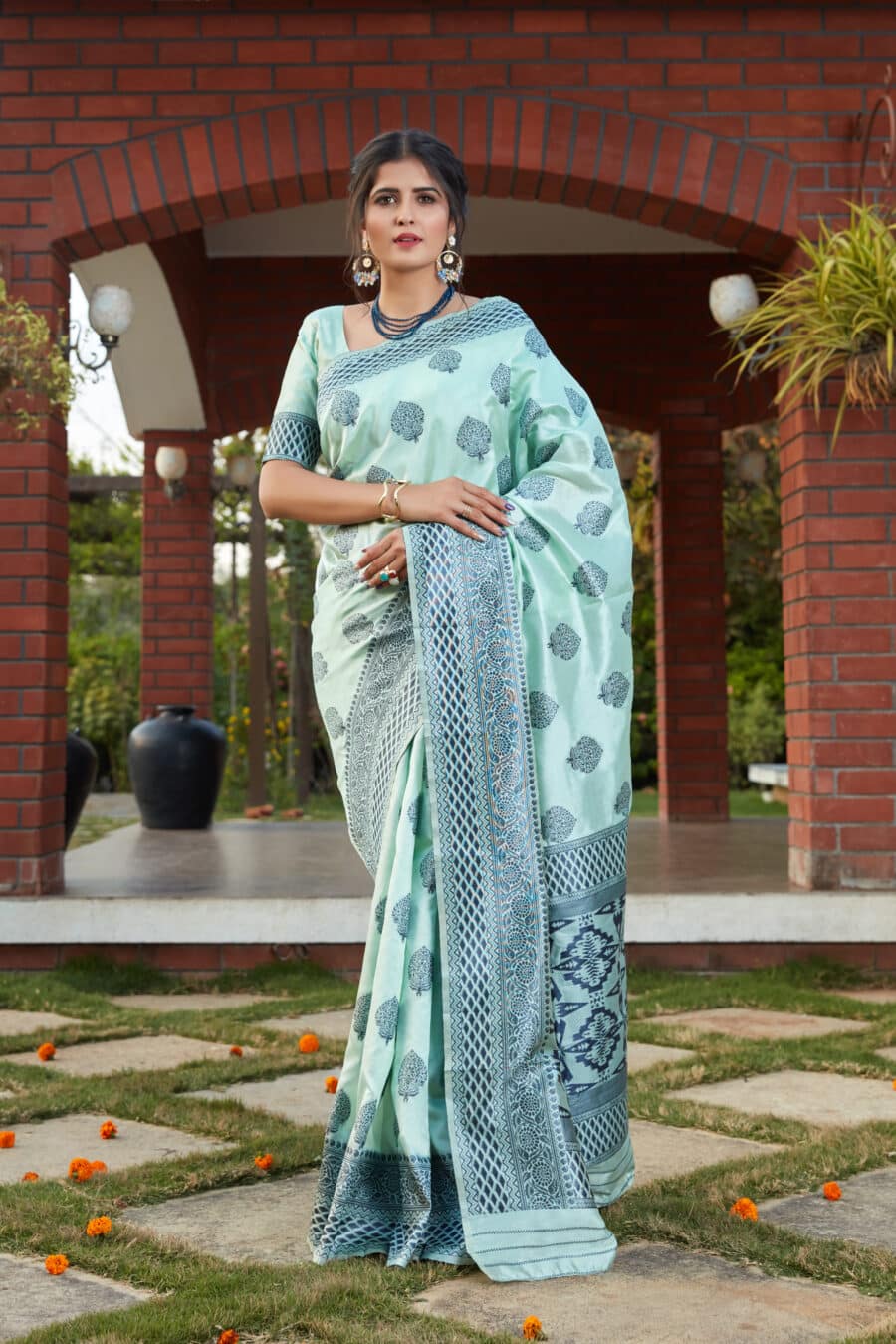 Turquoise Blue Exclusive Banarasi Silk Saree