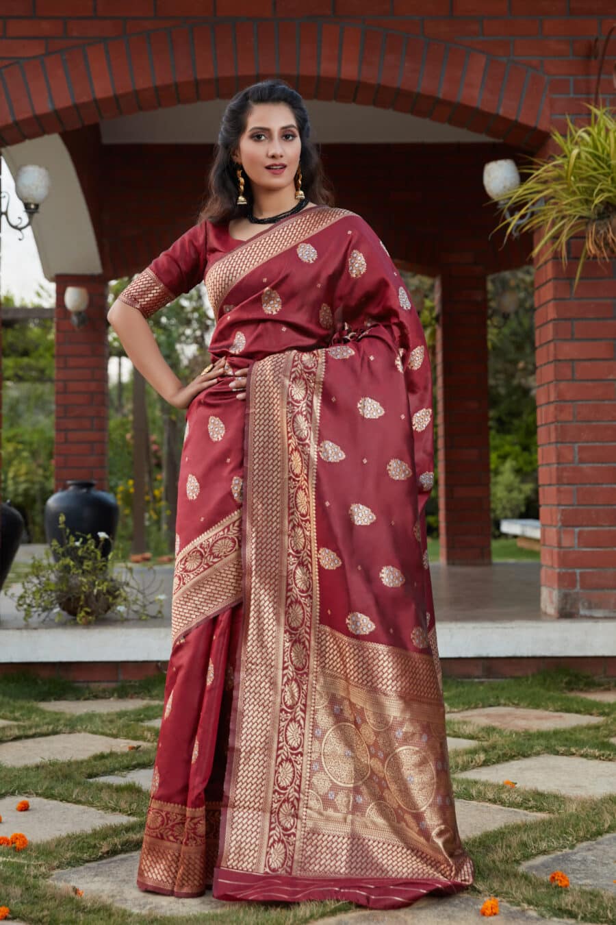 Wine Red Exclusive Banarasi Silk Saree