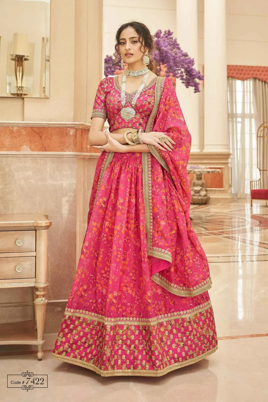 Cerise Pink Lehenga Choli with Dramatic Sequin and Floral Embellishments