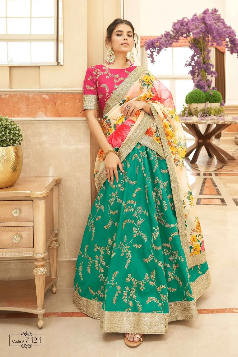 A Blend Of Haze Green And Cerise Pink Lehenga Choli With Floral Fantasy Dupatta