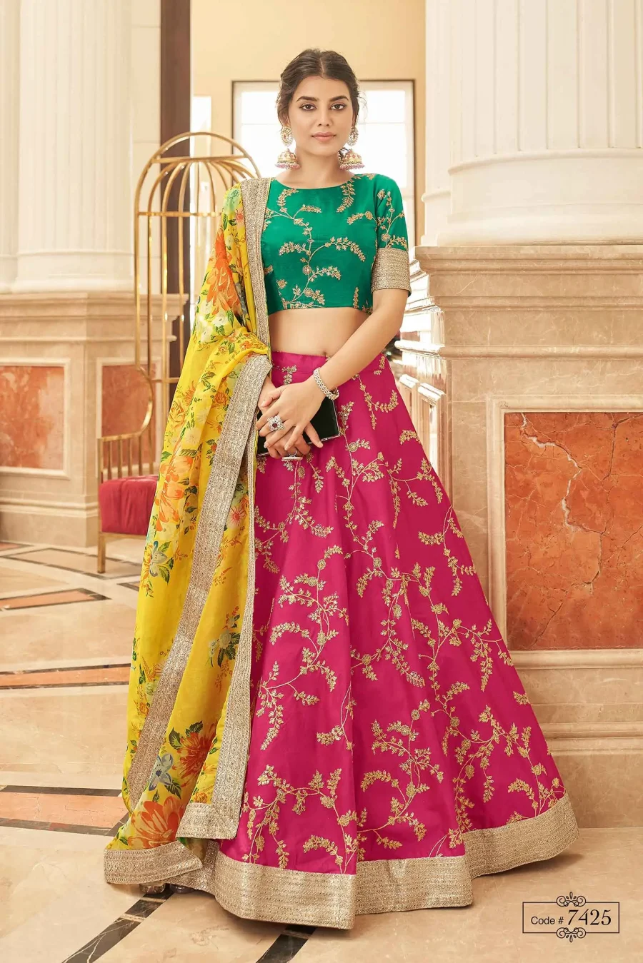 A Blend Of Pink Lemonade And Haze Green Lehenga Choli With Floral Fantasy Dupatta