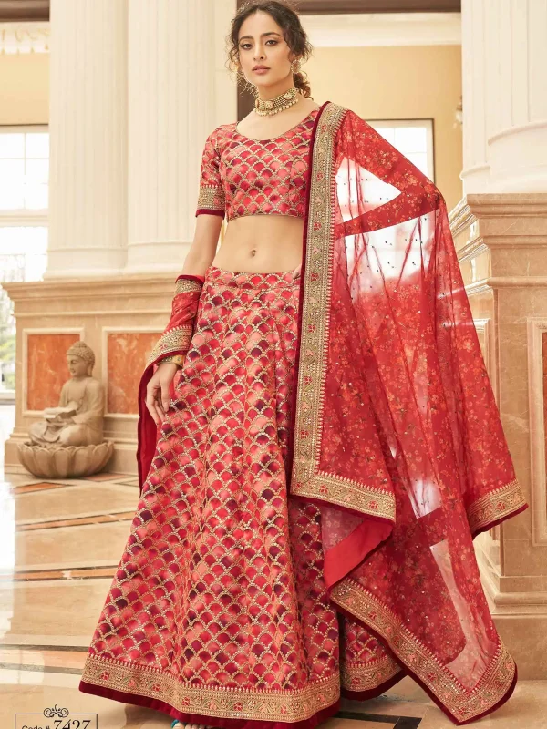 red embroidery lehenga choli