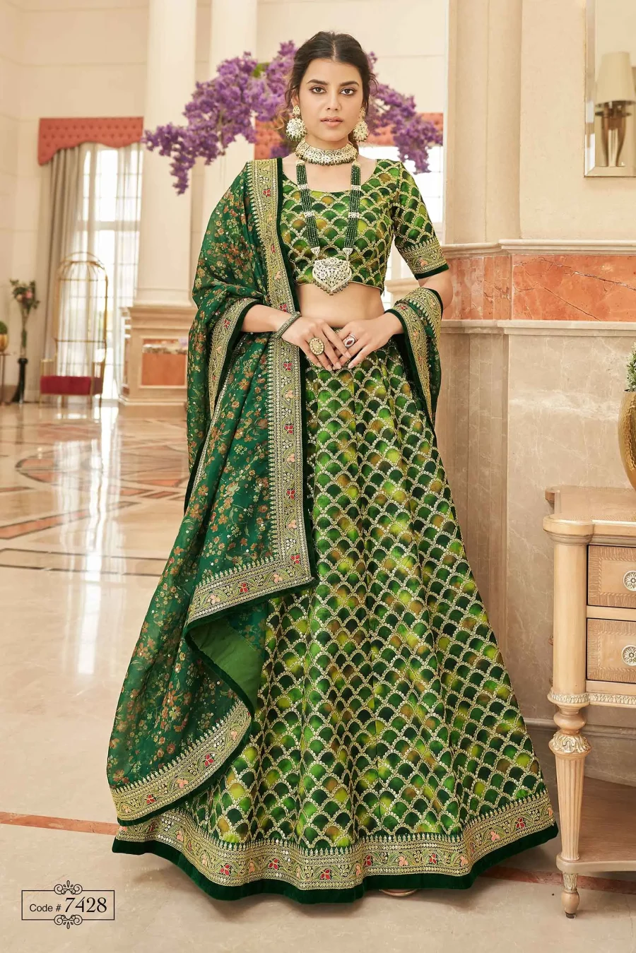 A Festive Forest Multi-toned Green Lehenga Choli with Flory Touch